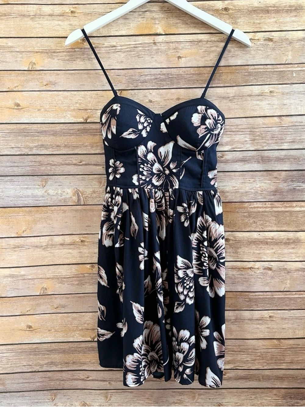 Black Floral Bustier Sundress with Cream & Taupe Flowers